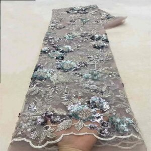3D 2024 African Sequins Beaded Groom Lace Fabric High Quality French Tulle Lace Fabric Embroidery Nigerian Lace Fabrics 5 Yards