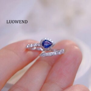 LUOWEND 100% 18K White Gold Rings Fashion Snake Shaped Shiny Diamond Natural Sapphire Ring for Women High Party Jewelry