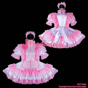 fondcosplay adult sexy cross dressing sissy maid short white satin dress lockable Uniform apron costume CD/TV[G2274]
