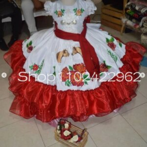 White Red Mexican Flower Girls Dresses Ruffles Stain Embroidery Bow Mini Quinceanera Dress Escaramuza and charra customsized