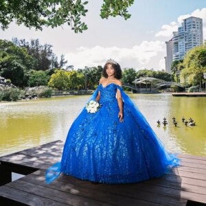 Customized Shiny royal blue Off Shoulder Quinceanera Dress sequin applique 3D flower Lace trailing vestidos de 15 Quinceanera