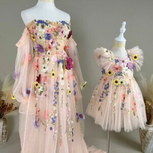 Elegant Mother & Daughter Maternity Photography Dress Tulle Applique Matching Set for Photo Shoot Flower Girl Wedding Occasions