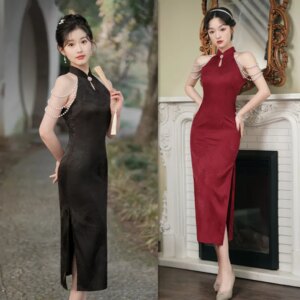 Fashion Improvement New Chinese Style Young Girl Cheongsam Qi Pao Spring and Summer Halter Off-the-Shoulder Dress