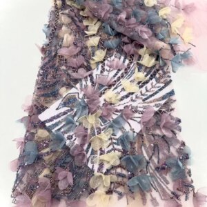 Wholesale African Beaded Tulle Lace Fabric, 3D Flowers, French Appliques, Wedding and Party, Dubai, 5 Yards, 2025