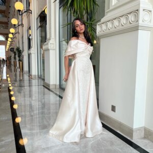 Customized Beige Satin Off the Shoulder Evening Dress Straight Sleeveless Watteau Train Backless Floor Length Party Prom Gown