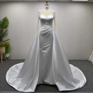 فساتين اعراس O-Neck Long Sleeve Satin Wedding Dress Lace Up Buttons Back Embroidery White Bridal Dress