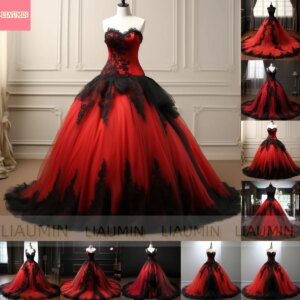 Red Tulle Black Lace Edge Applique V Neck Ball Gown Full Length Lace Up Evening Dress Formal Occasion Elagant Customized W3-9