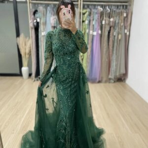 MYMB Muslim Green Luxury Beaded Diamonds Mermaid Evening Gown 2024 Elegant Long Sleeves Floor Length Women Formal Party Dresses