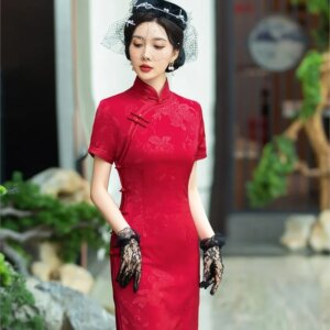 Women’s long slim-fit silk cheongsam mid-length daily wear