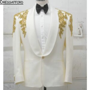 White Men Suits 2 Piece Gold Crystal Embroidery New Fashion Business Casual Wear Party Wedding Groom Tuxedo Jacket And Pants