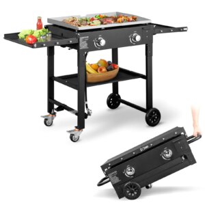 Foldable 2 Propane Gas Griddle with Side Shelves – for outdoor Cooking Station for Backyard BBQs