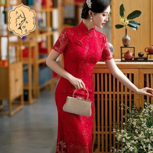 Red cheongsam women short-sleeved see-through lace evening dress with skirt standing collar slim-fit engagement
