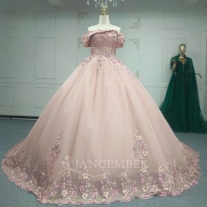Customized Pink Quinceanera Dress Ball Gown Boat Neck Lace Beaded Short Sleeves Court Train Sweet 16 Vestidos De 15 Años LSANY13