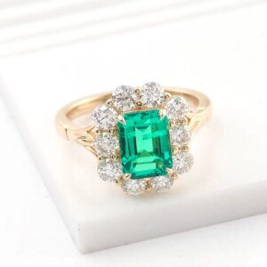 Provence Halo band wedding Ring 14K18KGold Green Emerald cut Lab Gemstone DEF/VS Lab Diamonds band Personalized Custom