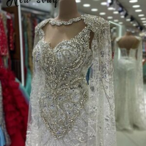 White Lace Long Cape Sleeve Wedding Dress Crystals Beaded Dubai Bridal Gowns Formal Long Celebrity Dresses Customized