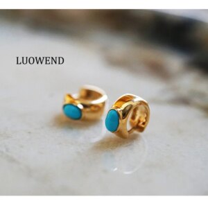 LUOWEND 100% 18K Yellow Gold Earrings Luxury Elegant Design Natural Turquoise Earrings&Necklace for Women High Party Jewelry
