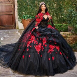 Princess Ball Gown Quinceanera Dress With Cape Appliques Floars Mexican Sweet 16 Gown Birthday Customized Vestidos De 15 Años