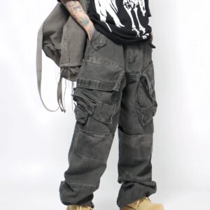 Heavy Old Waste Soil Sand Dunes Multi-Pocket Cargo Pants Men’s American Functional Washing Stitching Wide-Leg