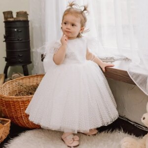 Custom Party Birthday Holy Communion Gowns Flower Girl Dresses White Tulle Wave Point Skirt With Bow Feather Sleeve For Wedding