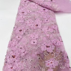 2024 Luxury Pink African Lace Fabric High Quality Beads Embroidered 3D Sequins Mesh Tulle Lace For Sew Wedding Party Dress