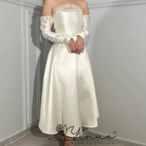 customized Long Sleeves Strapless Prom Dresses Pleated Beadings Ankle Length vestidos de novia Party Dresses