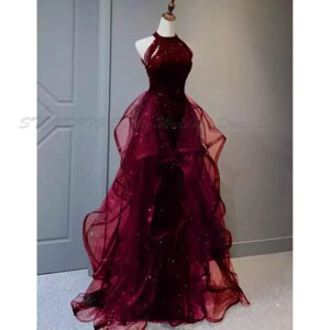 Red Evening Dresses Prom High Neck Sleeveless A Line Tiered Sexy Set Formal Event High Quality Flowing Floor Length Party Gowns