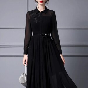Customized Fashion Designer Autumn Women’s Evening Dresses With Turn-down Collar Solid Embroidery Girdle Office Lady E