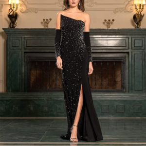 Customized A-Line Prom Dresses Floor-Length Strapless Three Quarter Sleeve Evening Gown Fashion Beading Sequined Party Gown