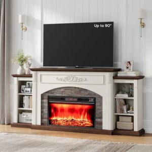 80″ Electric Fireplace with Mantel, Fireplace TV Stand for TVs Up to 90″,Modern Entertainment Center with Realistic Stacked Ston