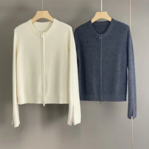 Autumn Winter Knitted Cardigan Cashmere Wool Blended Long Sleeve Bottoming Shirt Cuffs Beading Design