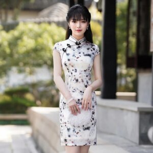 Spring and Summer New High Quality Real Silk Improved plus Size Cheongsam Qipao Women’s Dress Tea