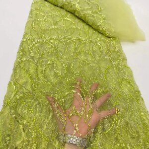 Green African Beaded Lace Fabric 2025 High Quality Groom Nigerian Sequin Embroidery French Tulle Wedding Bridal Gown Sewn