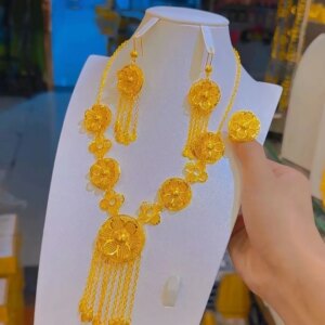 Dubai New 24K Gold Plated Necklace, Earrings, Rings for Women’s High End Wedding Gifts, Party Mother Jewelry Set YY10545