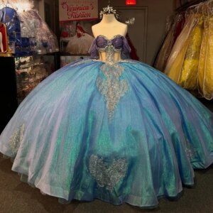 Blue Shiny Princess Quinceanera Dresses Off Shoulder Beading Crystal Applique Lace Tull Sweet 16 Dress Ball Gown Vestidos 15