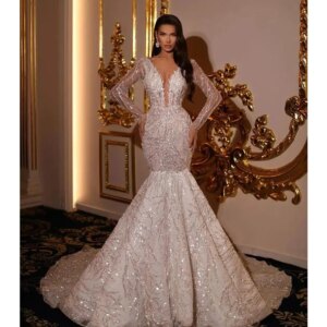 Exquisite Shiny Mermaid Evening Dresses Sexy V Neck Full Sleeve Sequined Lace Beading Bridal Gown Vestido De Novia