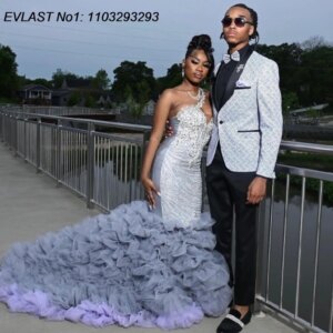 EVLAST Customized Sparkly Silver Mermaid Ruffles Prom Dress Black Girls Diamond Crystal Beaded African Formal Party Gown TPD187