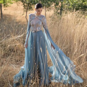 L518 Customized Blue Long Sleeves Crystal Chiffon  فساتين السهرة vestidos de fiesta  فساتين سهره evening dresses