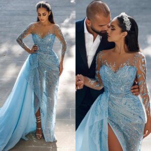 Mermaid Blue Beading Evening Dresses Glliter Sequin Full Sleeves High Side Split Formal Party Prom Gowns Vestido Customized