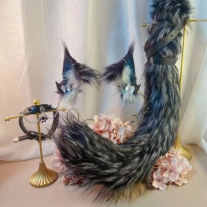 New Handmade Work Maine coon Cat Ears Hairhoop Tail Necklace Earrings Cosplay Kitten Lolita Acessories Hair Hoop Headwear