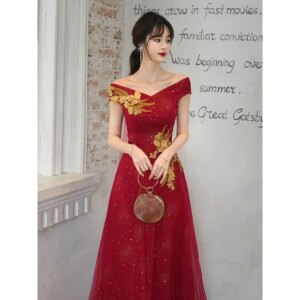 Wine Red Bridal Wedding Reception Dresses Long Elegant Off The Shoulder A-Line Floor-Length Women Formal Occasion Gowns