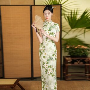 High Quality 2024 Improved Young Girl Cheongsam Real Silk Crepe De Chine Chinese Retro White Dress
