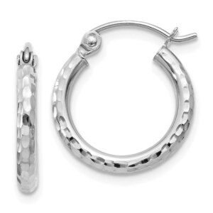 14k White Gold Diamondcut 2mm Round Tube Hoop Earrings
