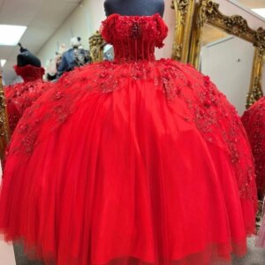 Red Sequins Ball Gown Quinceanera Dress Tulle Appliques Flowers Lace Beads Off Shoulder Sweet 15 16 Birthday Party Formal