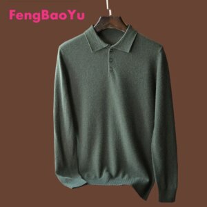 Fengbaoyu Autumn Winter 100% Cashmere Sweater Men’s Base Shirt Business Lapel Polo Knit Sweater Temperament Elegant Green Top