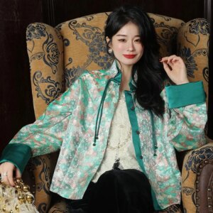 New Chinese coat Song brocade green small elegant temperament top hand disc style women’s wear