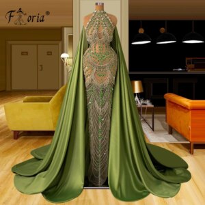 Muslim Dubai Green Mermaid Evening Dresses with Long Cape Full Beads Crystal Sleeveless Special Occasion Gown Formal Party Dress