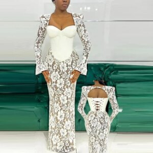 Trumpet Long Sleeves Lace Up Corset Back Bridal Gowns Floor Length Wedding Vestidos Gorgeous Full Lace Wedding Party Dresses
