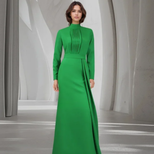 2024 New Summer Women’s Maxi High Neck Crepe Satin Prom Dress Long  Sleeves Fashion Celebrity Green TIght  Party Dresscustomized