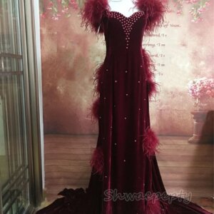 Ruched Bustle Victorian Evening Dress Burgundy Velvet Feathers Long Elegant Formal Party Gown For Women Vintage Dress Customized