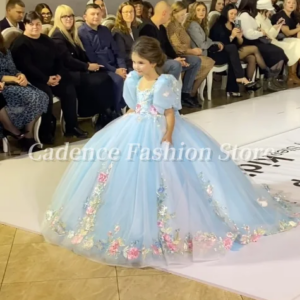 Customized Fantasy Sky Blue Flower Girl Dresses Flower Applique Bow Princess Dresses Prom Dresses Wedding Birthday Party Dresses